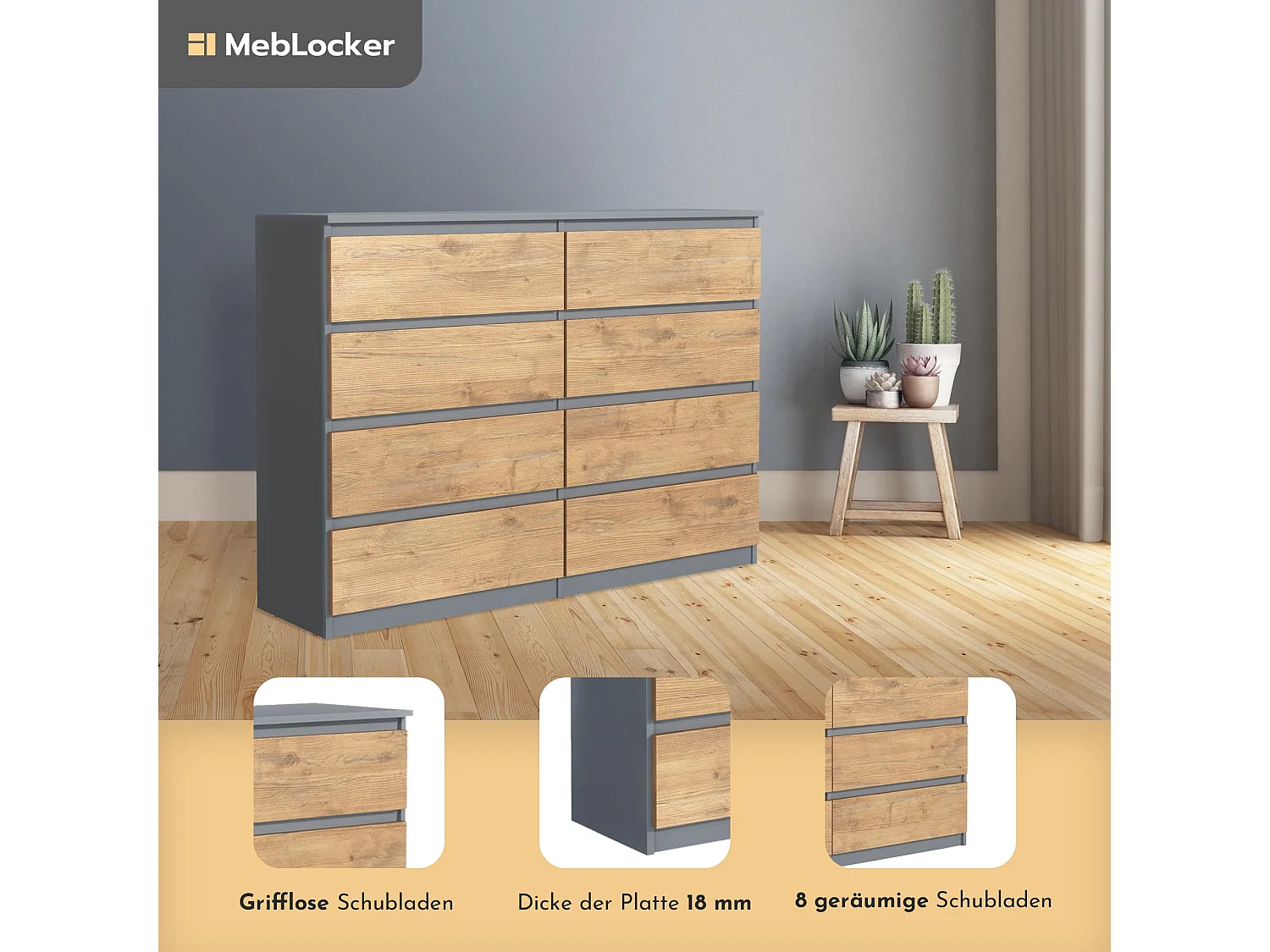 MebLocker 8-ladekast Anthracite 120 cm - Minimalistisch ontwerp - 120 x 39 x 78,5 cm - Ruime opbergkast voor slaapkamer, woonkamer of kantoor
