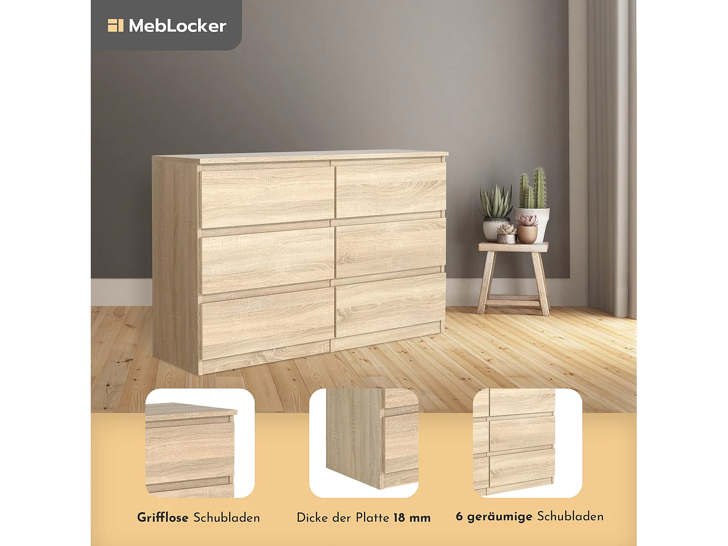 MebLocker Cómoda de 6 cajones de roble Sonoma 120 cm - Diseño minimalista - 120 x 39 x 78,5 cm - Espacioso armario de almacenamiento para dormitorio