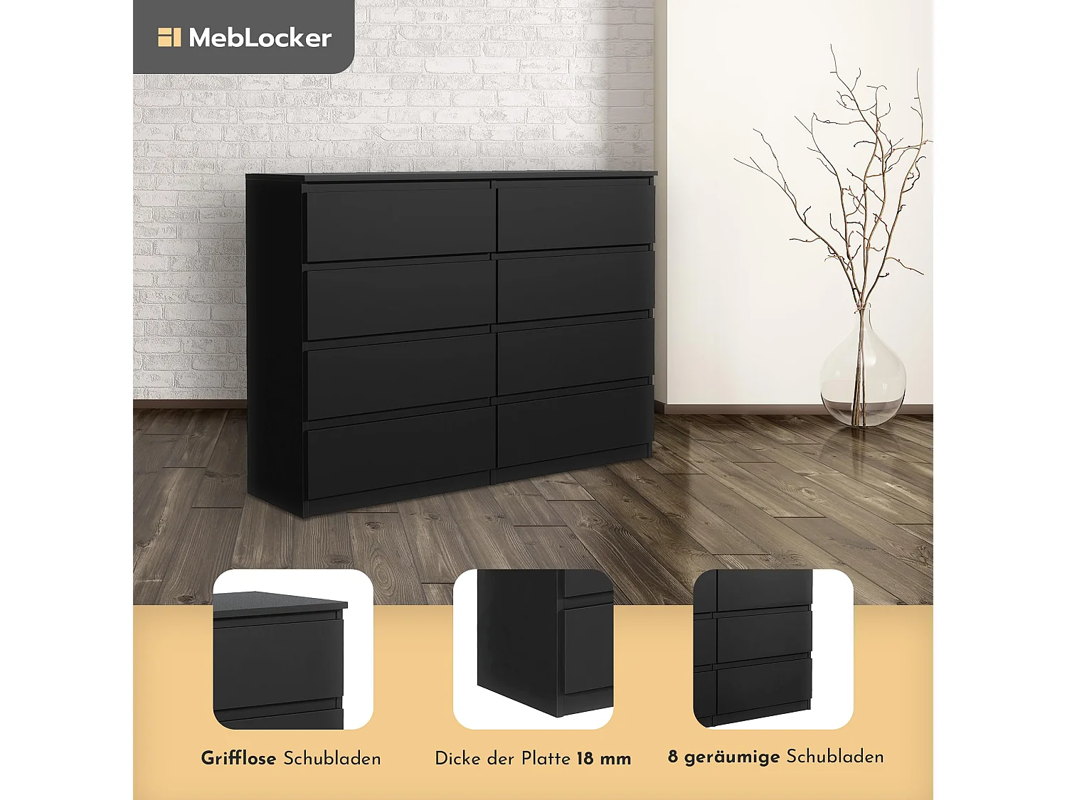 MebLocker Schlafzimmerkommode 8 Schubladen Schwarz 138,5x101,5x39 cm – Wohnzimmerschrank – Hohe Eingangskommode – Schlafzimmer-Aufbewahrungsschrank