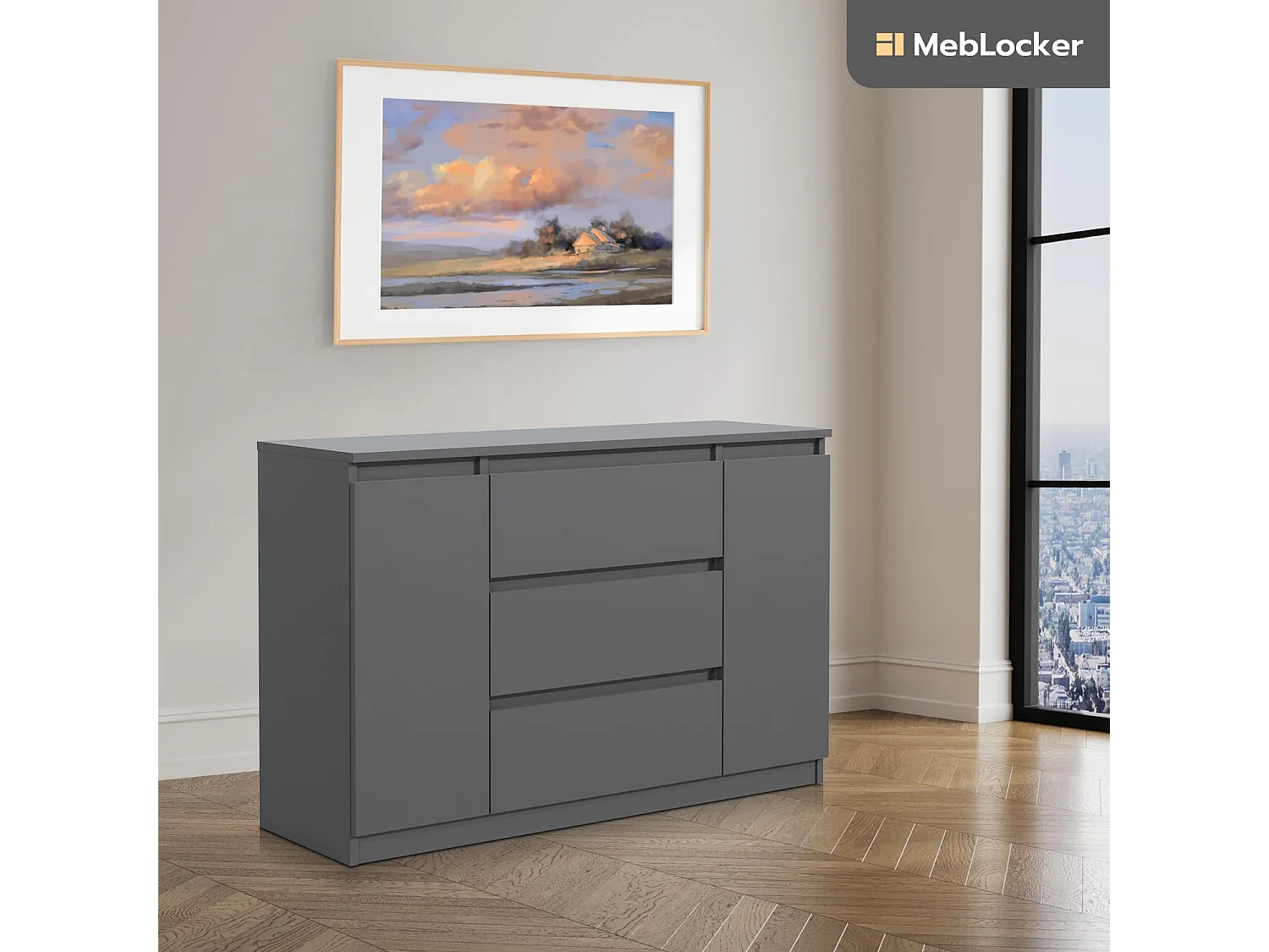 MebLocker Cómoda con 3 cajones y 2 puertas de armario de 120 cm Ideal para salón, dormitorio, habitación infantil y oficina