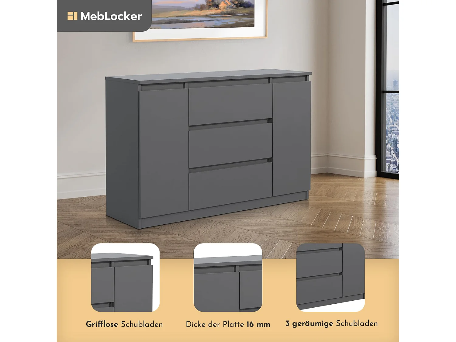 MebLocker Cómoda con 3 cajones y 2 puertas de armario de 120 cm Ideal para salón, dormitorio, habitación infantil y oficina