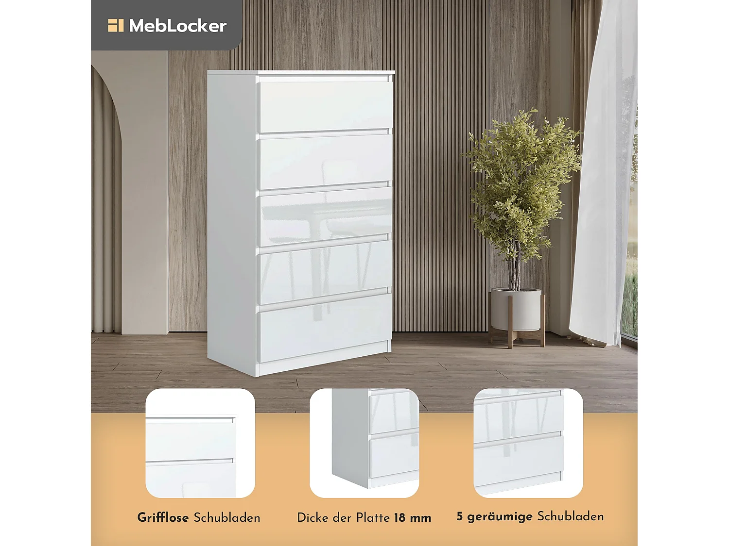 MebLocker 5-ladekast met 5 lades, ideaal voor woonkamer, slaapkamer, kinderruimte, tienerkamer en kantoor