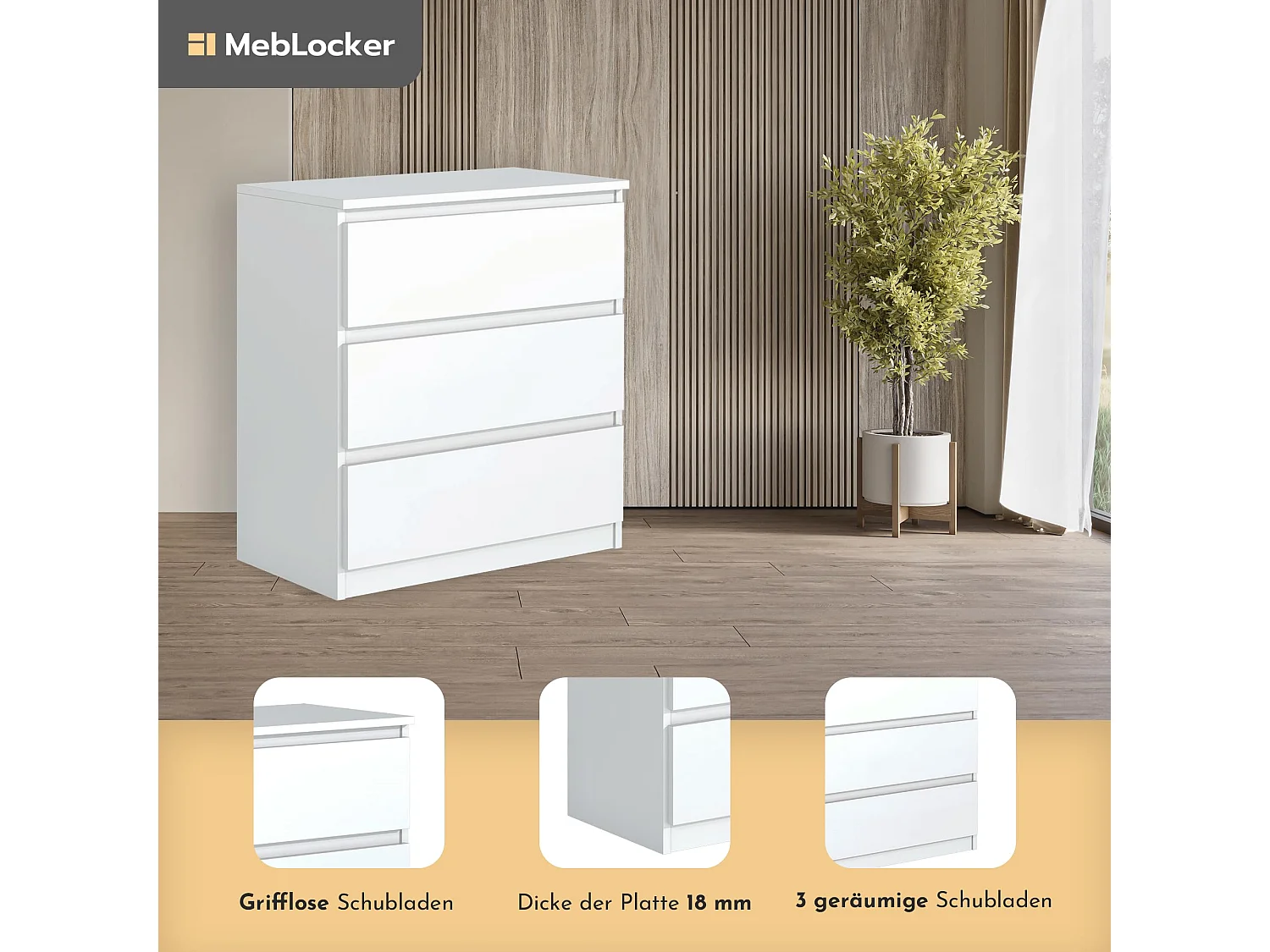MebLocker Cómoda de 3 cajones, ideal para el salón, dormitorio, habitación infantil, habitación de adolescentes y oficina, (blanco)