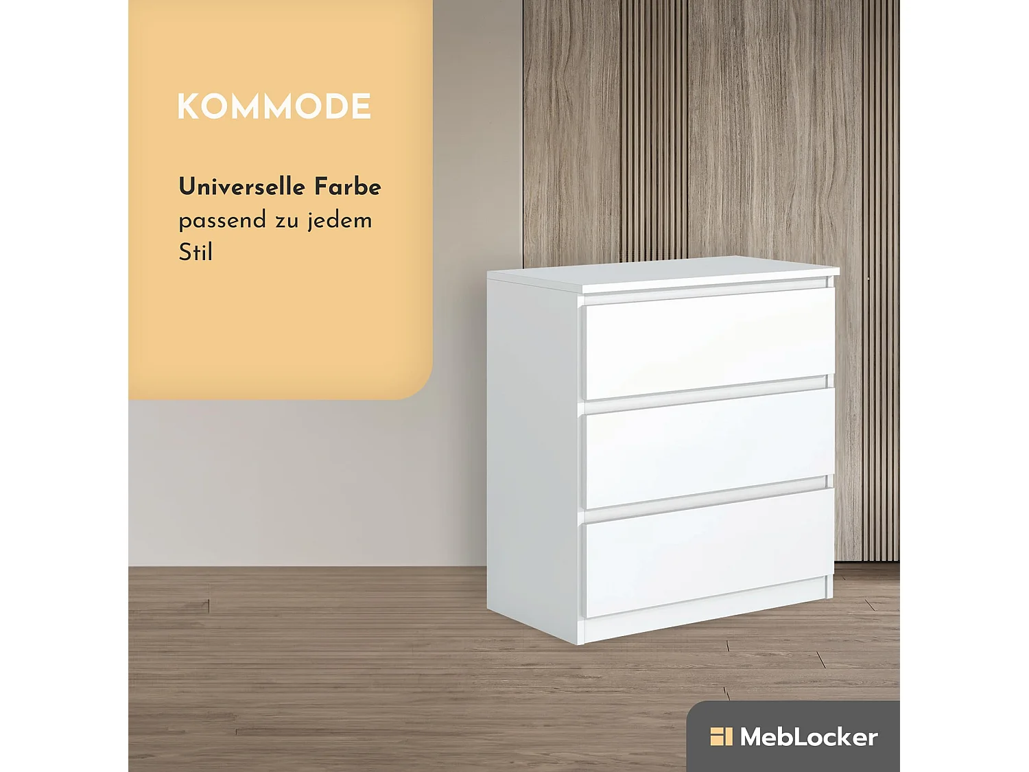 MebLocker Cómoda de 3 cajones, ideal para el salón, dormitorio, habitación infantil, habitación de adolescentes y oficina, (blanco)