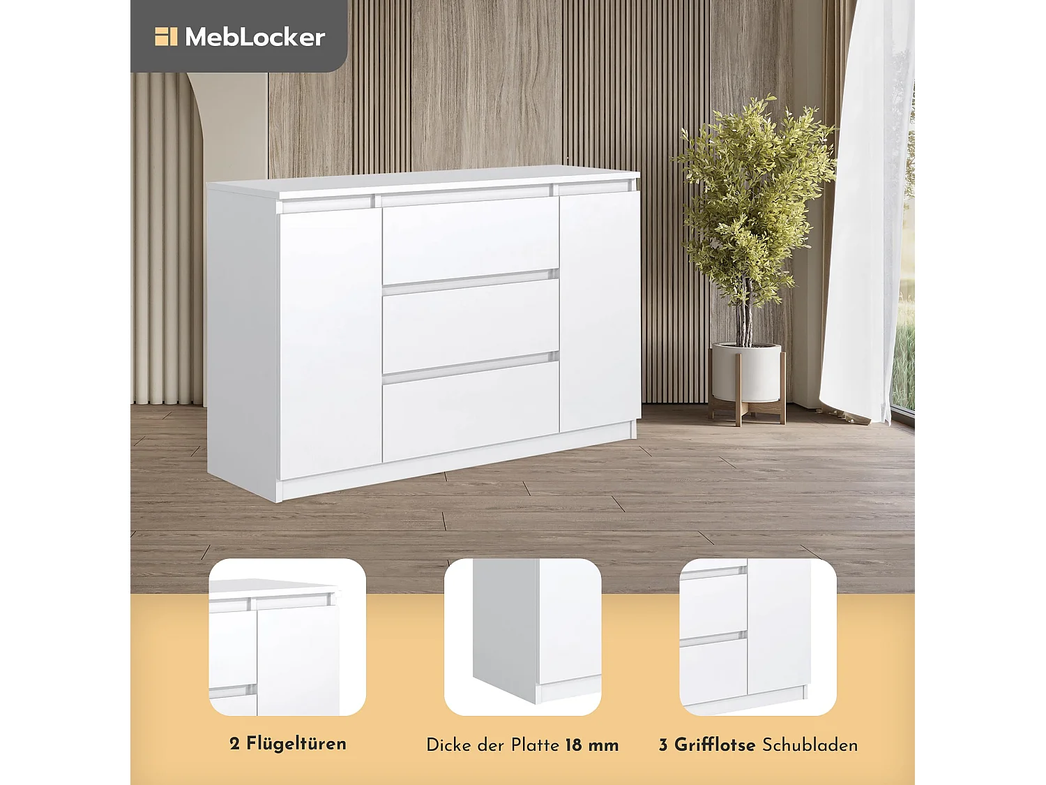 MebLocker Cómoda con 3 cajones, 2 puertas, 120 cm, ideal para el salón, dormitorio, habitación infantil y oficina, solución moderna y elegante (blanco)