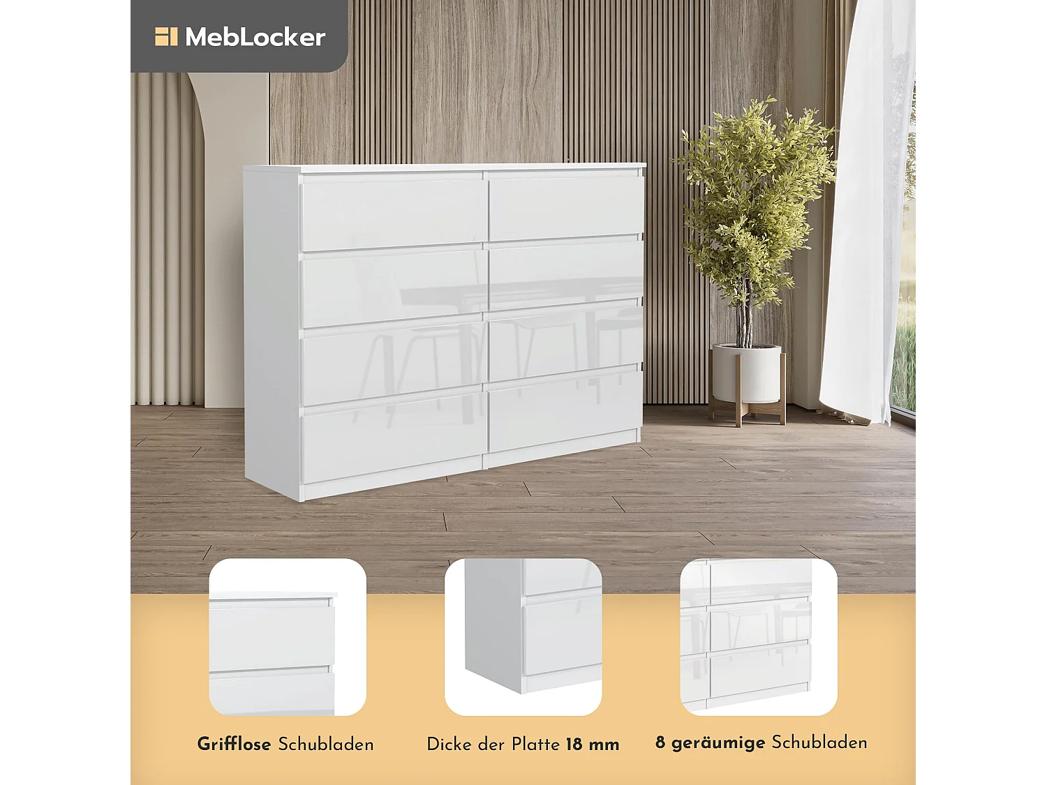 MebLocker ladekast met 8 lades, 140 cm, ideaal voor woonkamer, slaapkamer, kinderkamer, tienerkamer en kantoor, moderne oplossing