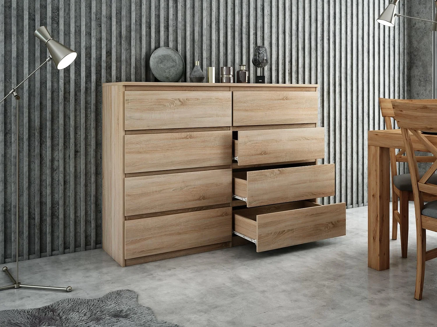 MebLocker Commode 8 Tiroirs 100 cm - Sonoma - Design Minimaliste - 100x39x101,5 cm - Meuble de Rangement Spacieux pour Chambre, Salon ou Bureau