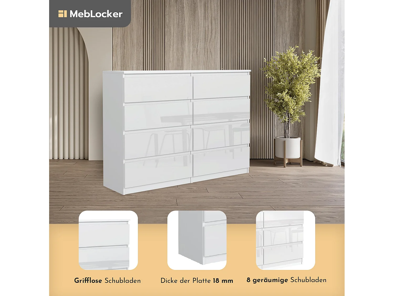 MebLocker 8-ladekast Wit met glanzende voorkanten 120 cm - Minimalistisch ontwerp - 120 x 39 x 78,5 cm - Ruime opbergkast voor slaapkamer