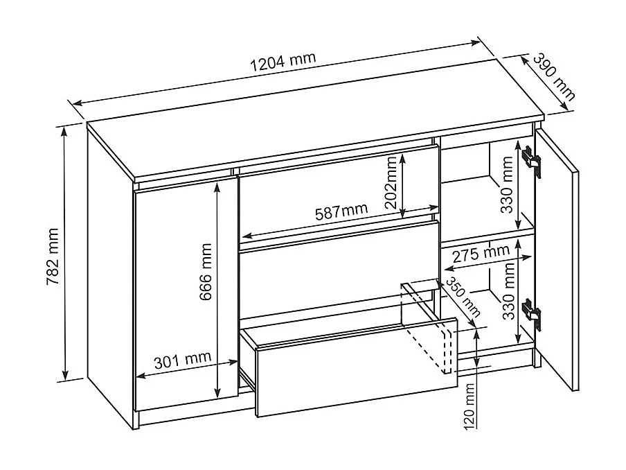 MebLocker Commode à 3 tiroirs, 2 Portes, 140 cm, idéale pour Le Salon, la Chambre à Coucher, la Chambre d'enfant et Le Bureau