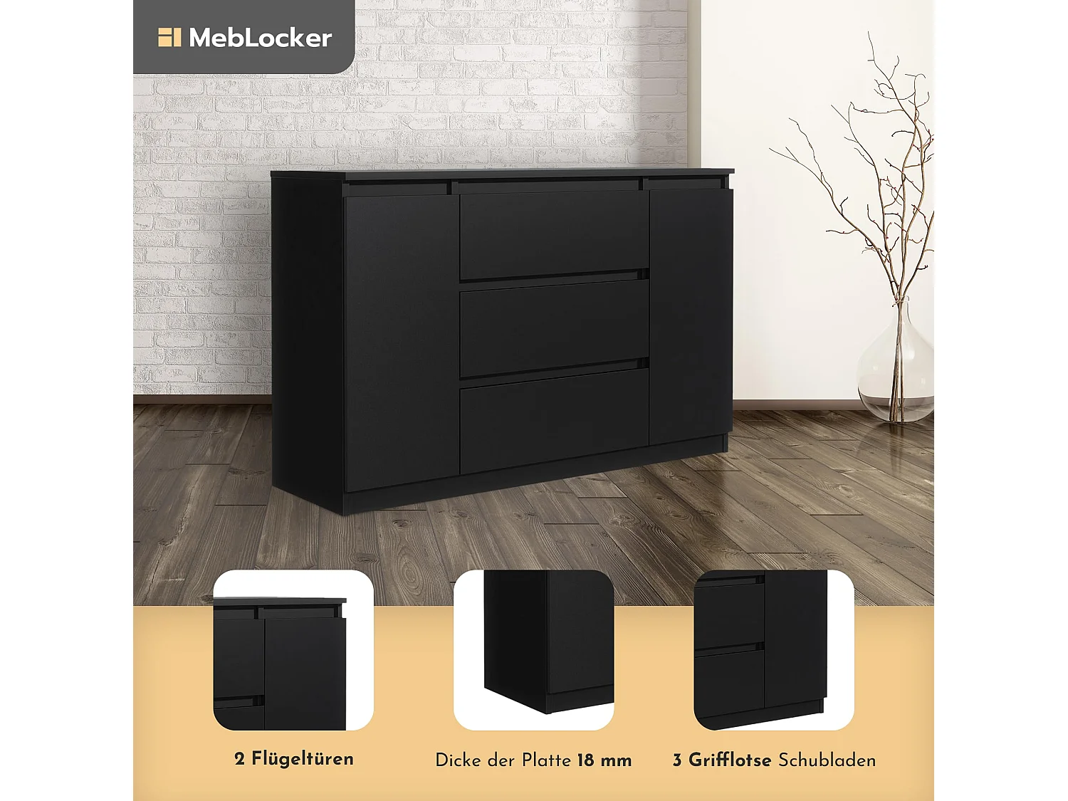 MebLocker Commode à 3 tiroirs, 2 Portes, 140 cm, idéale pour Le Salon, la Chambre à Coucher, la Chambre d'enfant et Le Bureau