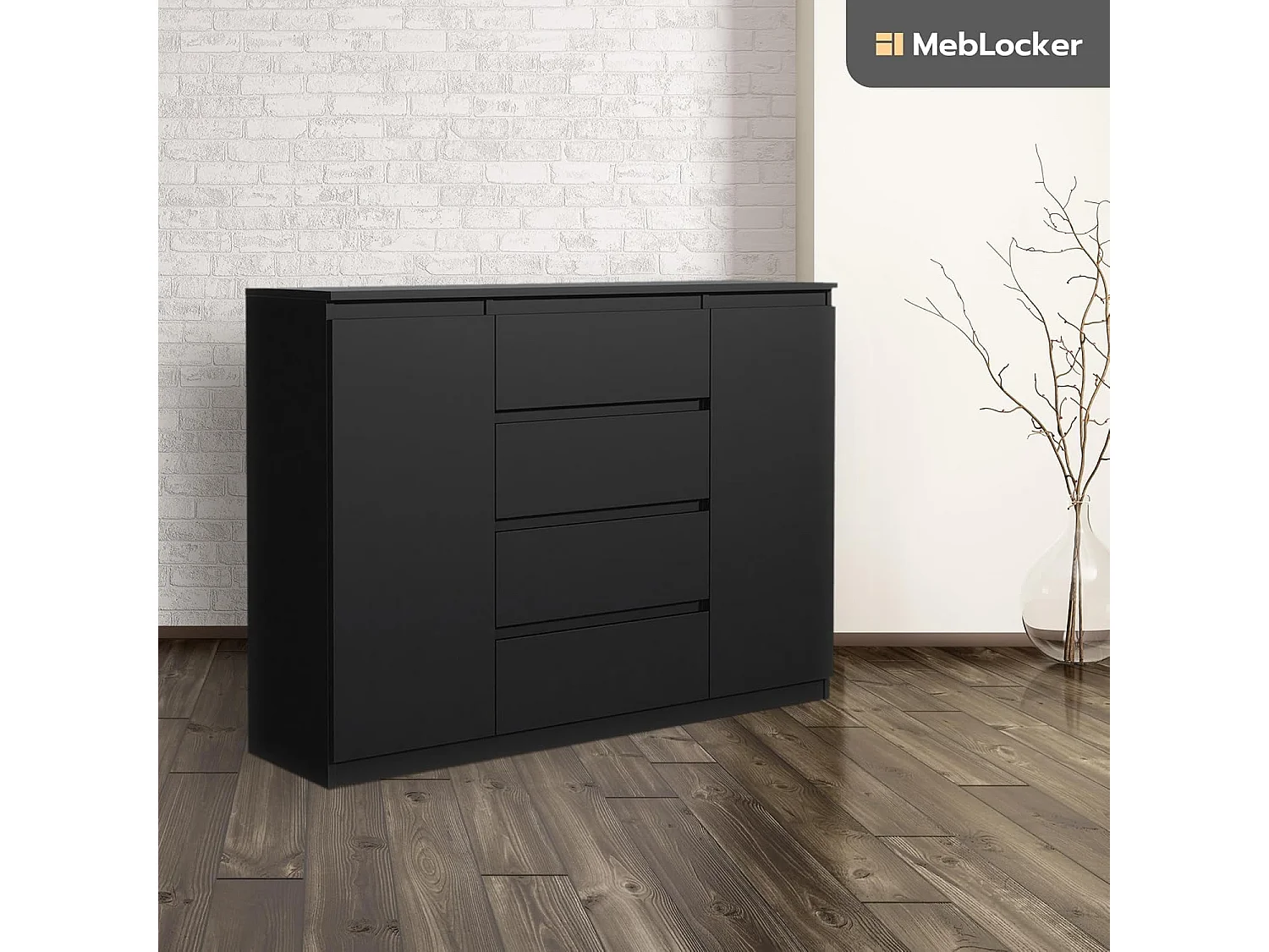 MebLocker ladekast met 4 lades, 2 deuren, 120 cm, ideaal voor de woonkamer, slaapkamer, kinderkamer en kantoor, (zwart)