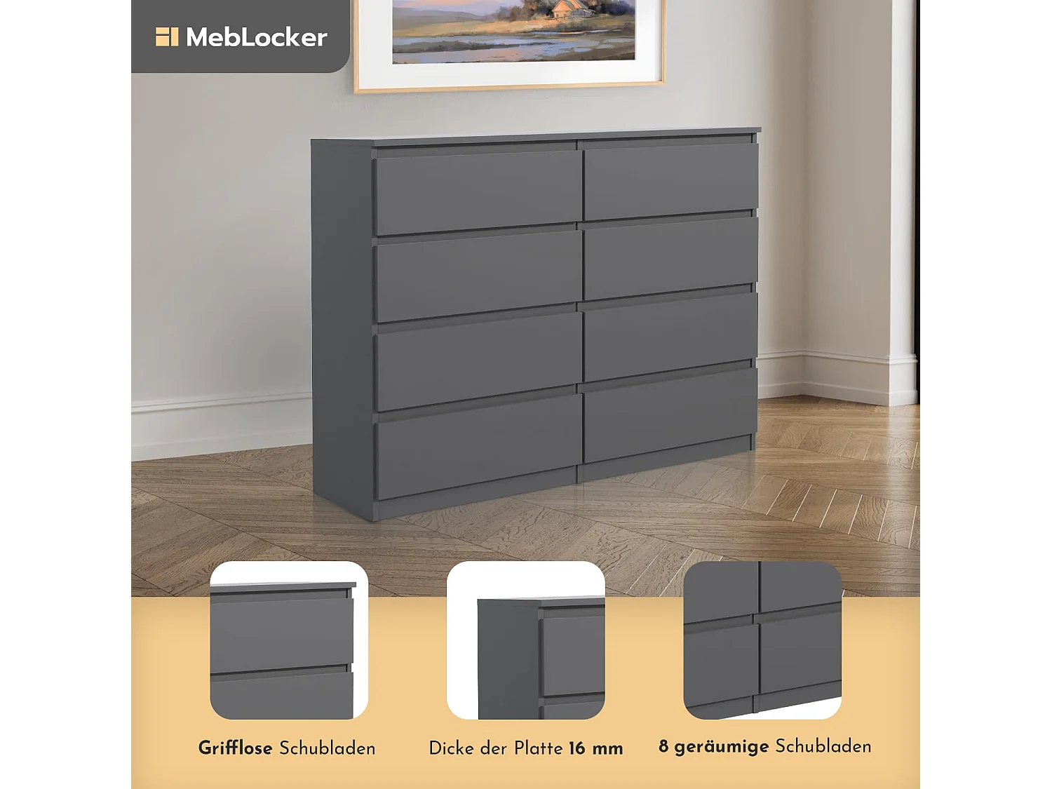 MebLocker Ladekast - Anthracite - 120 x 101,5 x 39 cm - Dressoir voor woonkamer, gang, slaapkamer - Moderne kledingkast - Slaapkamerkast