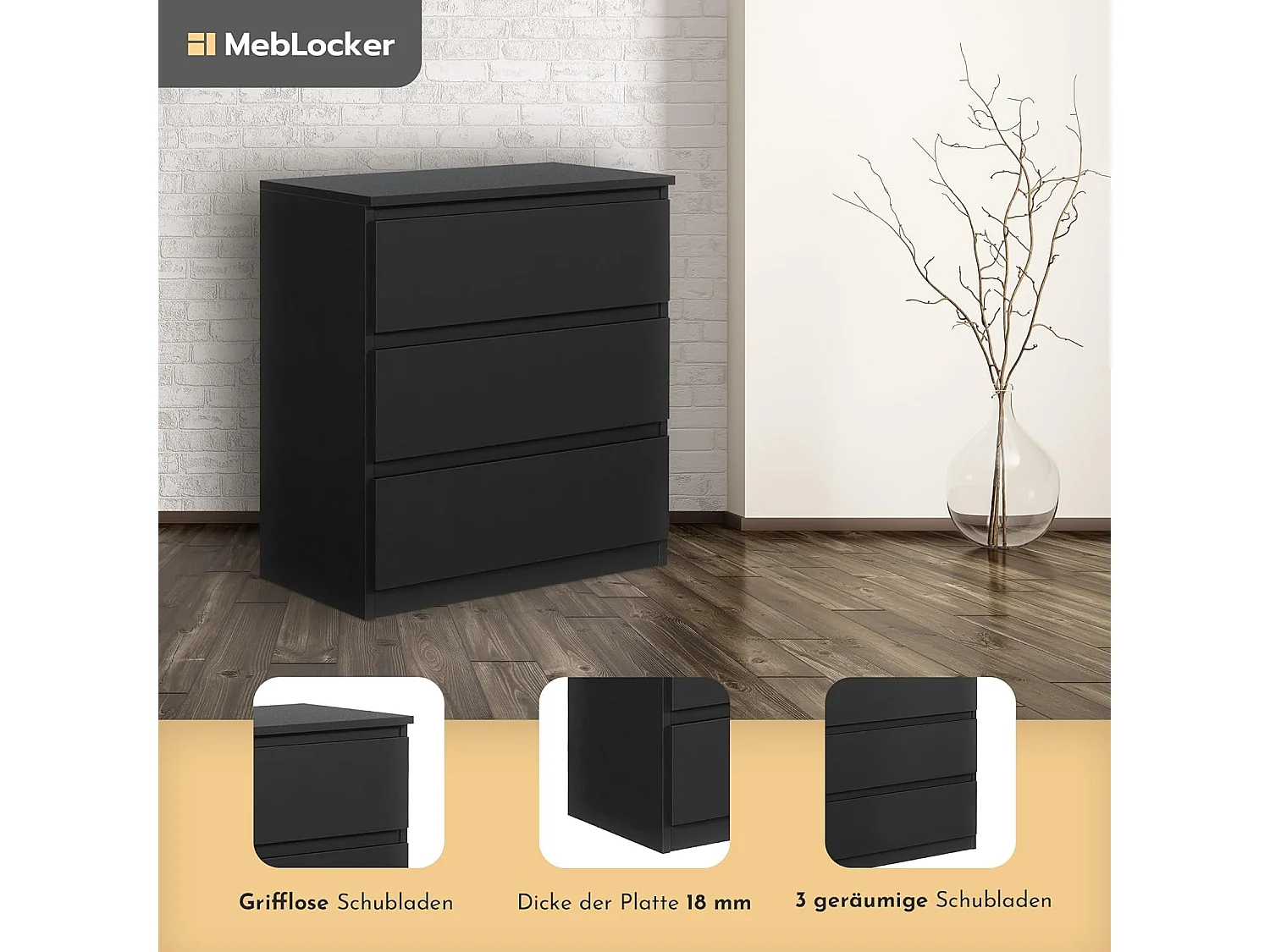 MebLocker Commode à 3 tiroirs, idéale pour Le Salon, la Chambre à Coucher, la Chambre d'enfant, la Chambre d'adolescent et Le Bureau, Solution Moderne (Noir)
