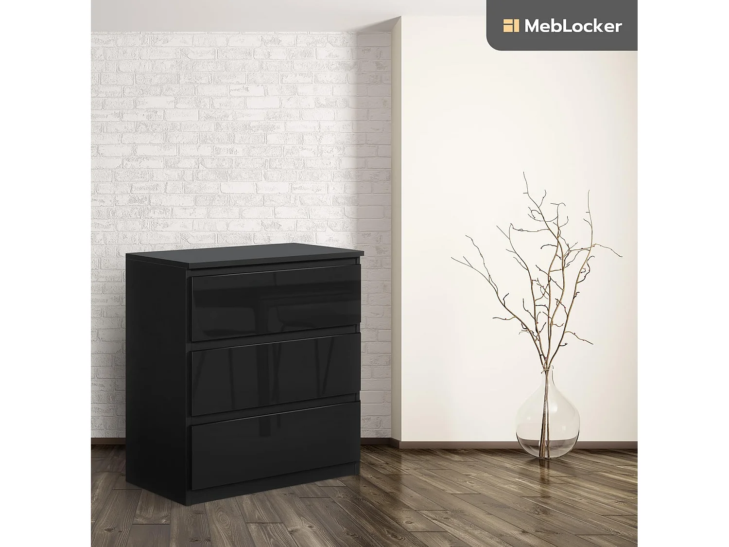 MebLocker Commode à 3 tiroirs, idéale pour Le Salon, la Chambre à Coucher, la Chambre d'enfant, la Chambre d'adolescent  (Nior avec des Façades Brillantes)