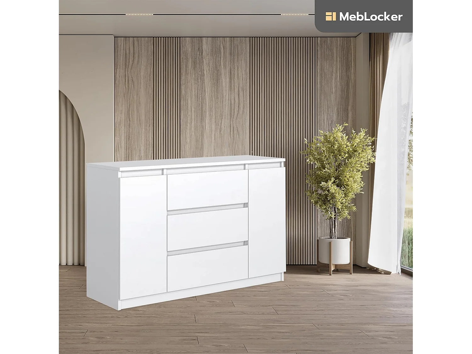 MebLocker Cómoda con 3 cajones, 2 puertas, 140 cm, ideal para el salón, dormitorio, habitación infantil y oficina