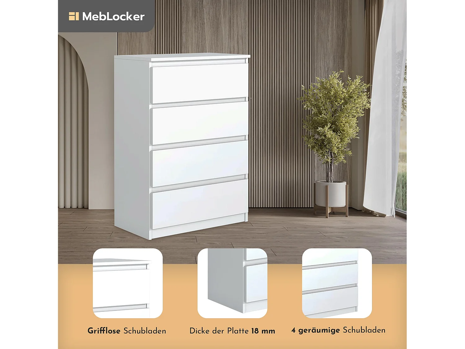 MebLocker 4-ladekast met 4 lades, ideaal voor woonkamer, slaapkamer, kinderbadkamer, tienerkamer en kantoor, (wit)