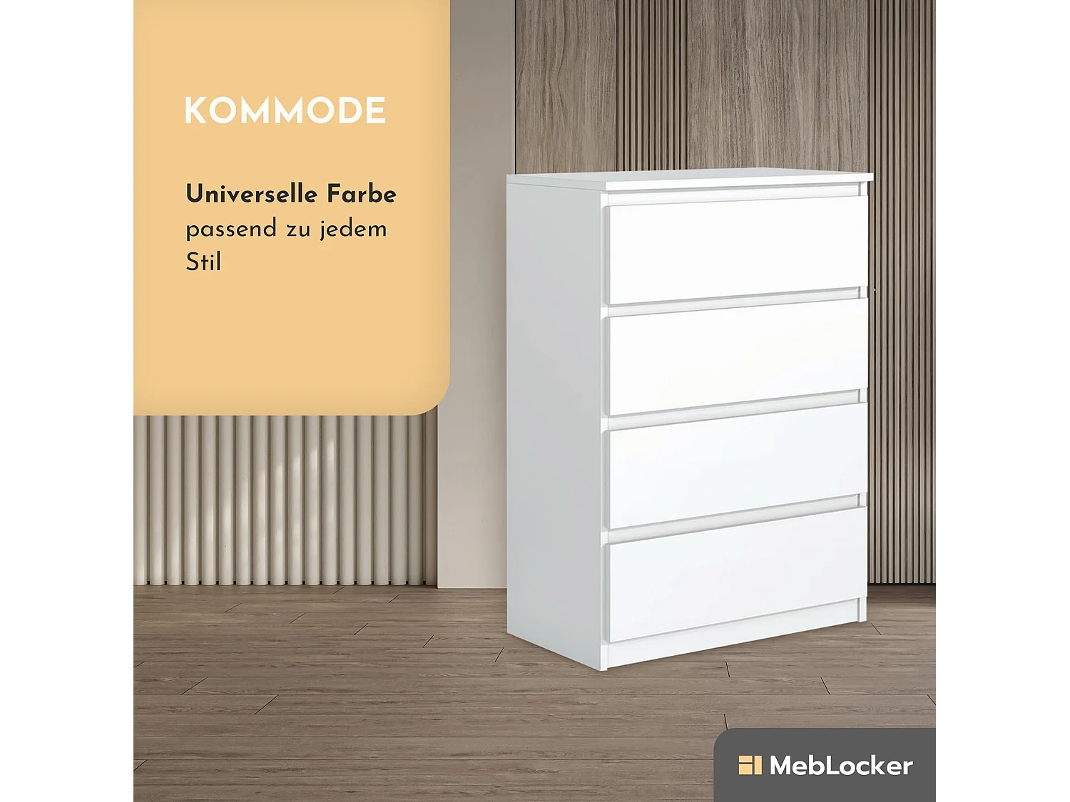 MebLocker 4-ladekast met 4 lades, ideaal voor woonkamer, slaapkamer, kinderbadkamer, tienerkamer en kantoor, (wit)