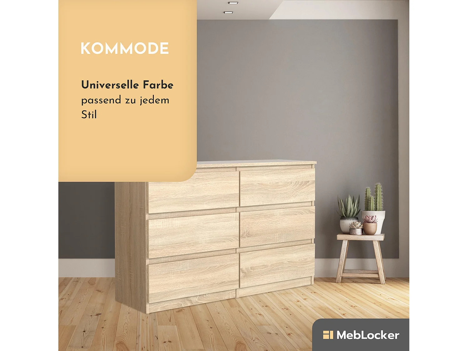 MebLocker Cajonera de 6 cajones de Kaschmir 120 cm - Diseño minimalista - 120 x 39 x 78,5 cm - Espacioso armario de almacenamiento para dormitorio, salón u oficina