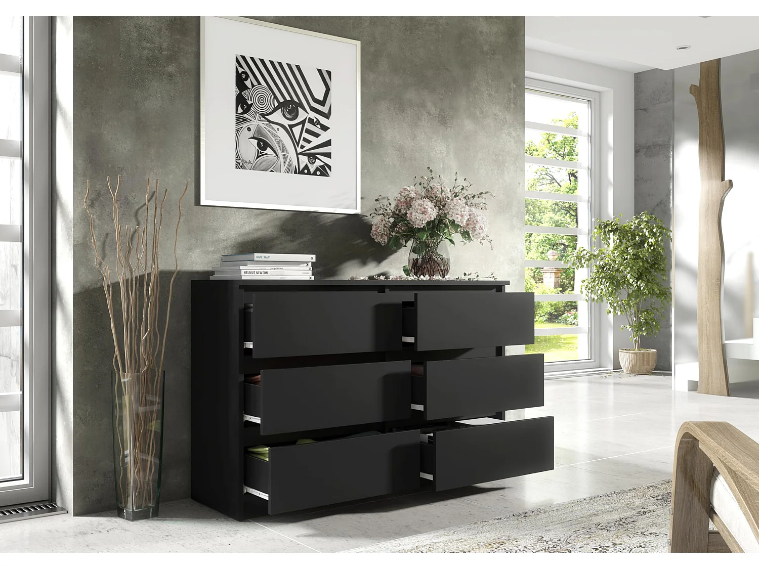 MebLocker Commode 6 Tiroirs 100 cm - Noir - Design Minimaliste - 100x39x78,5 cm - Meuble de Rangement Spacieux pour Chambre, Salon ou Bureau