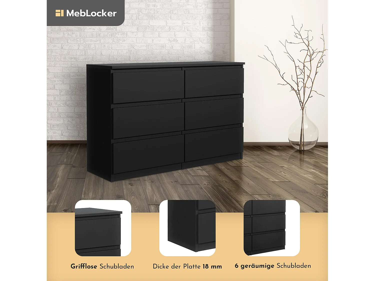 MebLocker Commode Chambre 6 tiroirs Noir 138,5x78,5x39 cm - Meuble Salon - Commode Haute Entrée - Meuble de Rangement Chambre