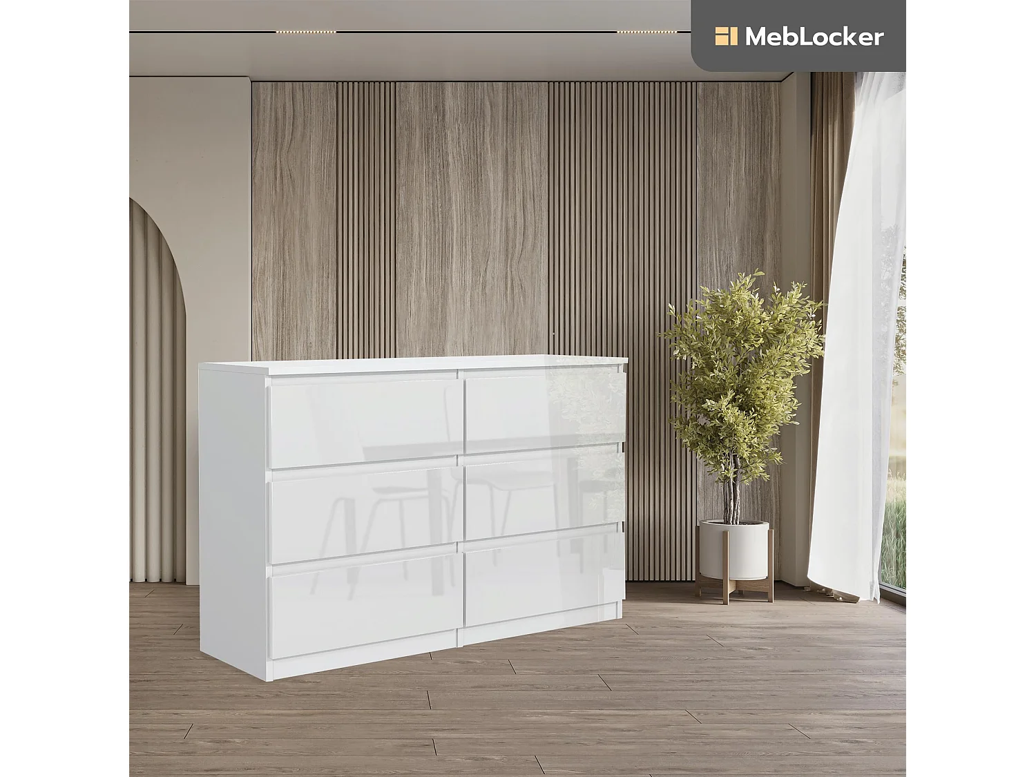 MebLocker 6-Schubladen-Kommode Weiß mit glänzenden Fronten 140 cm – minimalistisches Design – 138,5 x 39 x 78,5 cm