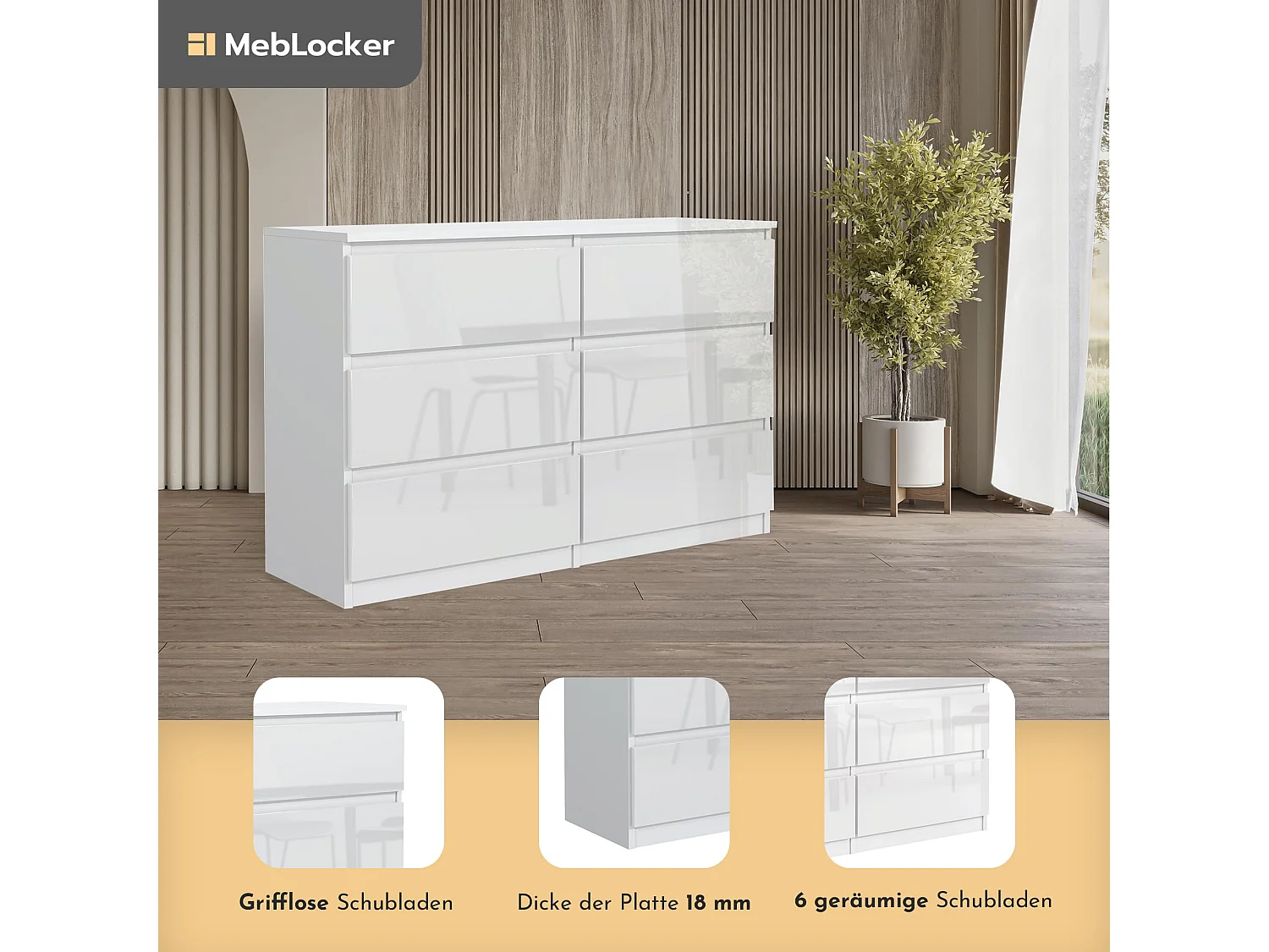 MebLocker 6-Schubladen-Kommode Weiß mit glänzenden Fronten 140 cm – minimalistisches Design – 138,5 x 39 x 78,5 cm