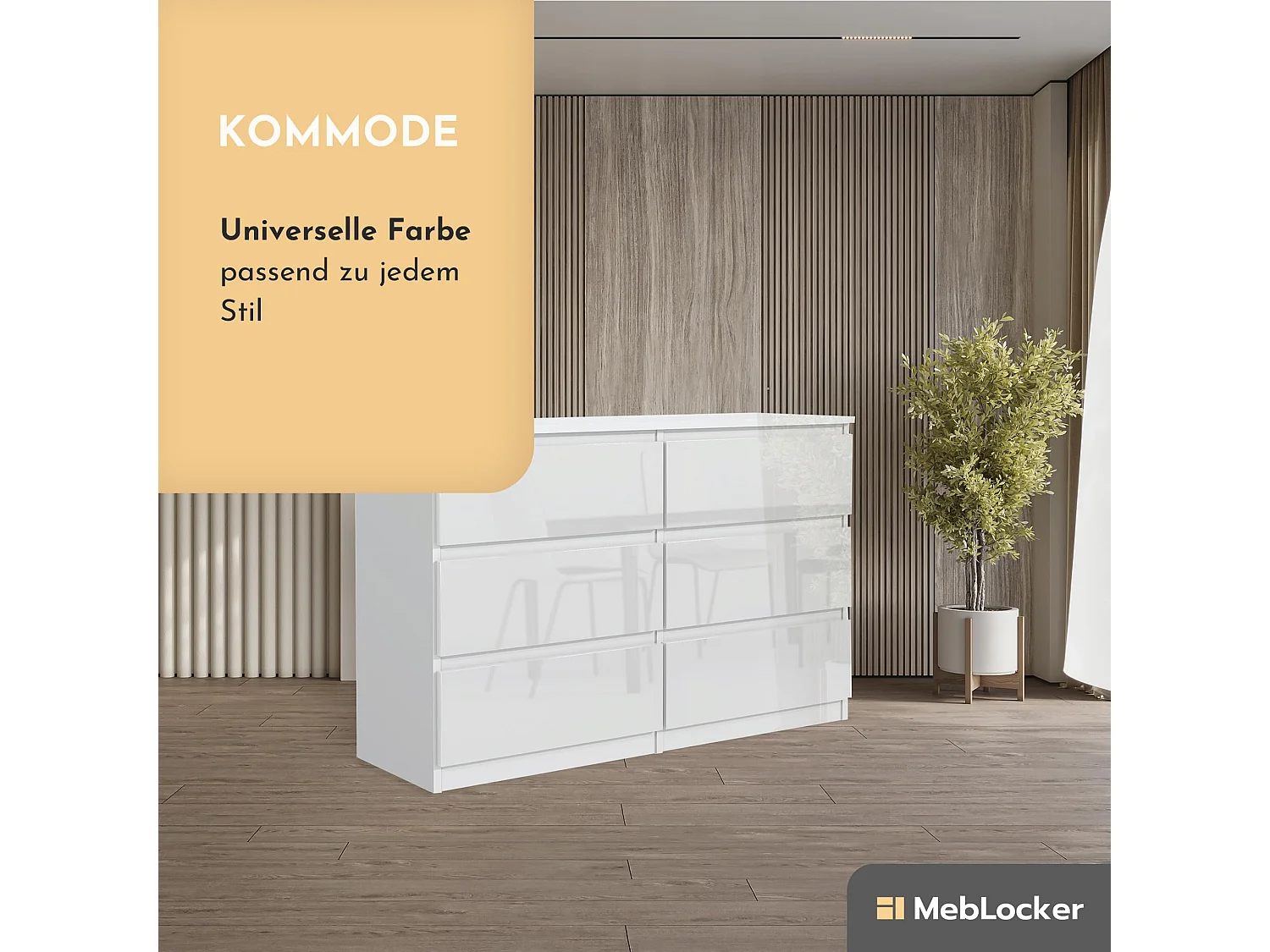 MebLocker 6-Schubladen-Kommode Weiß mit glänzenden Fronten 140 cm – minimalistisches Design – 138,5 x 39 x 78,5 cm