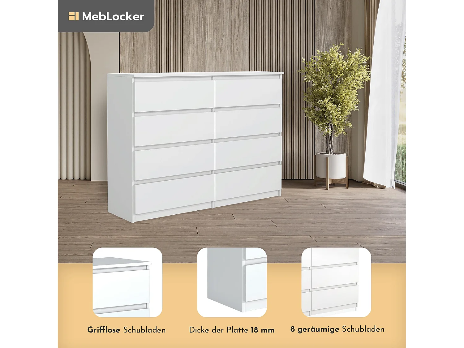 MebLocker 8-ladekast Wit 120 cm - Minimalistisch ontwerp - 120 x 39 x 78,5 cm - Ruime opbergkast voor slaapkamer, woonkamer of kantoor