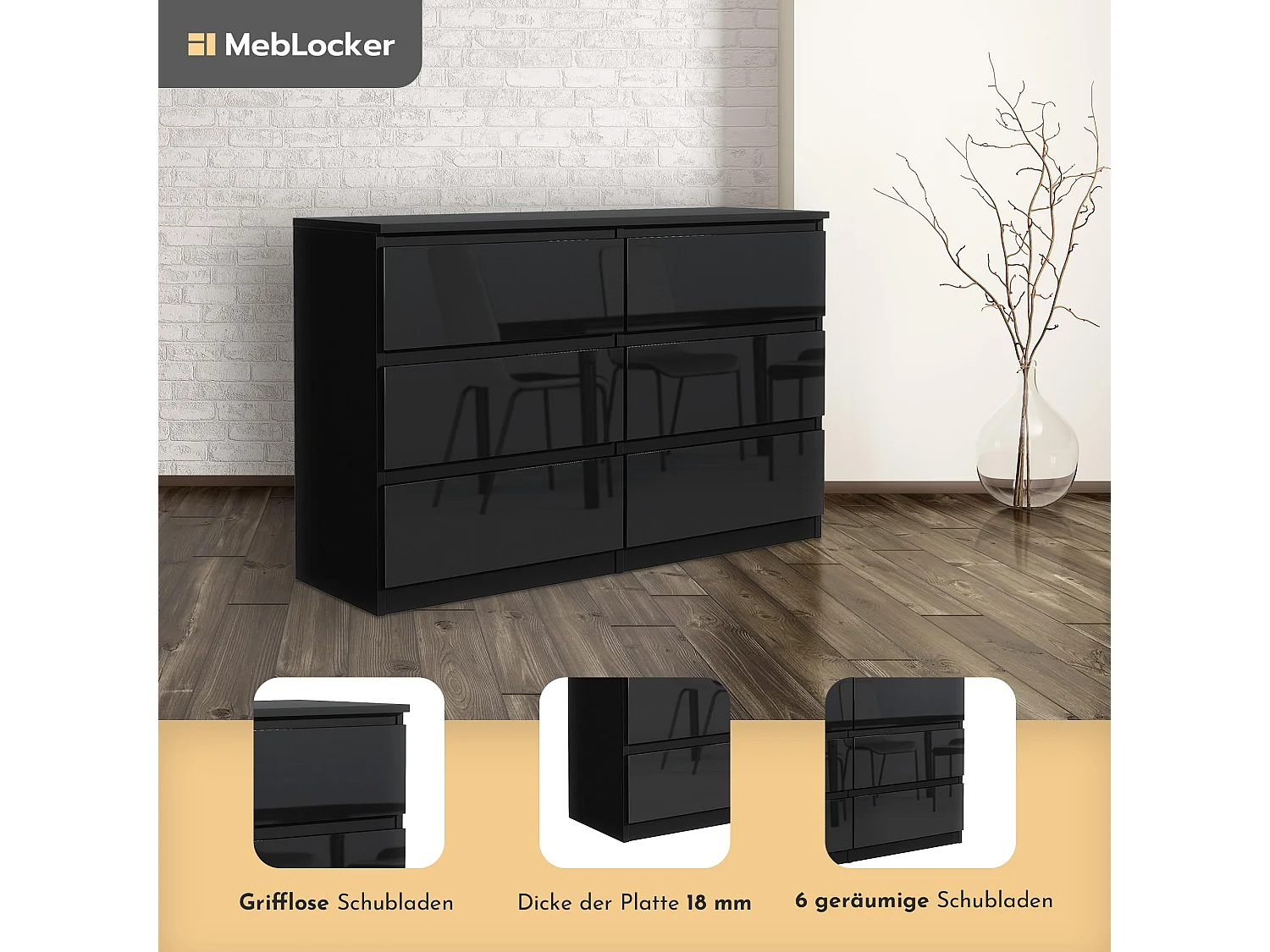 MebLocker Commode 6 Tiroirs Noir Brillant 120 cm - Design Minimaliste - 120 x 39 x 78,5 cm - Meuble de Rangement Spacieux pour Chambre, Salon ou Bureau