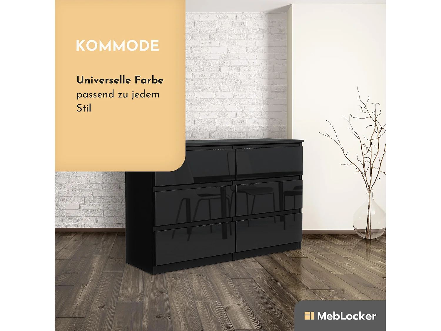 MebLocker Commode 6 Tiroirs Noir Brillant 120 cm - Design Minimaliste - 120 x 39 x 78,5 cm - Meuble de Rangement Spacieux pour Chambre, Salon ou Bureau