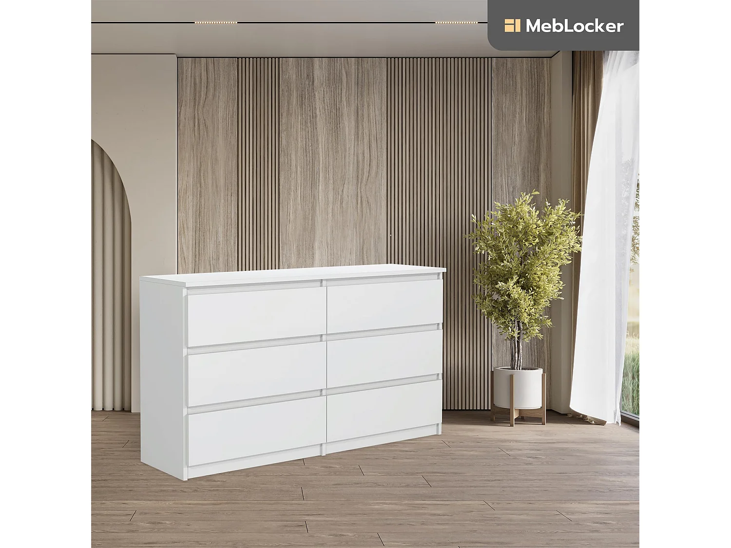MebLocker Cajonera del dormitorio 6 cajones blancos 138,5x78,5x39 cm - Armario del salón - Cómoda de entrada alta - Armario de almacenamiento del dormitorio