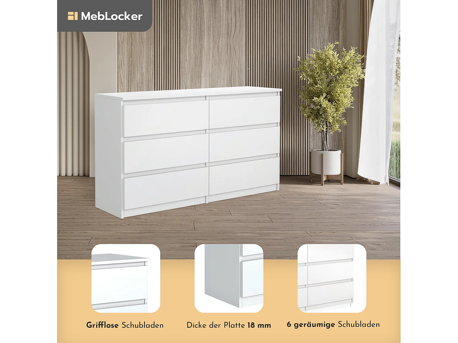 MebLocker Cajonera del dormitorio 6 cajones blancos 138,5x78,5x39 cm - Armario del salón - Cómoda de entrada alta - Armario de almacenamiento del dormitorio