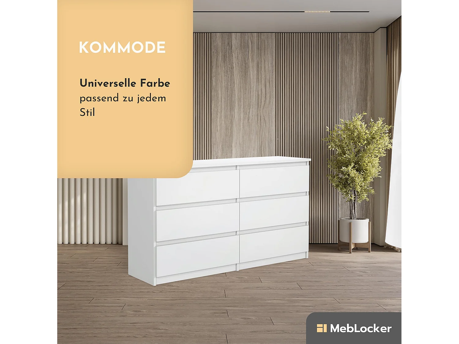 MebLocker Cajonera del dormitorio 6 cajones blancos 138,5x78,5x39 cm - Armario del salón - Cómoda de entrada alta - Armario de almacenamiento del dormitorio