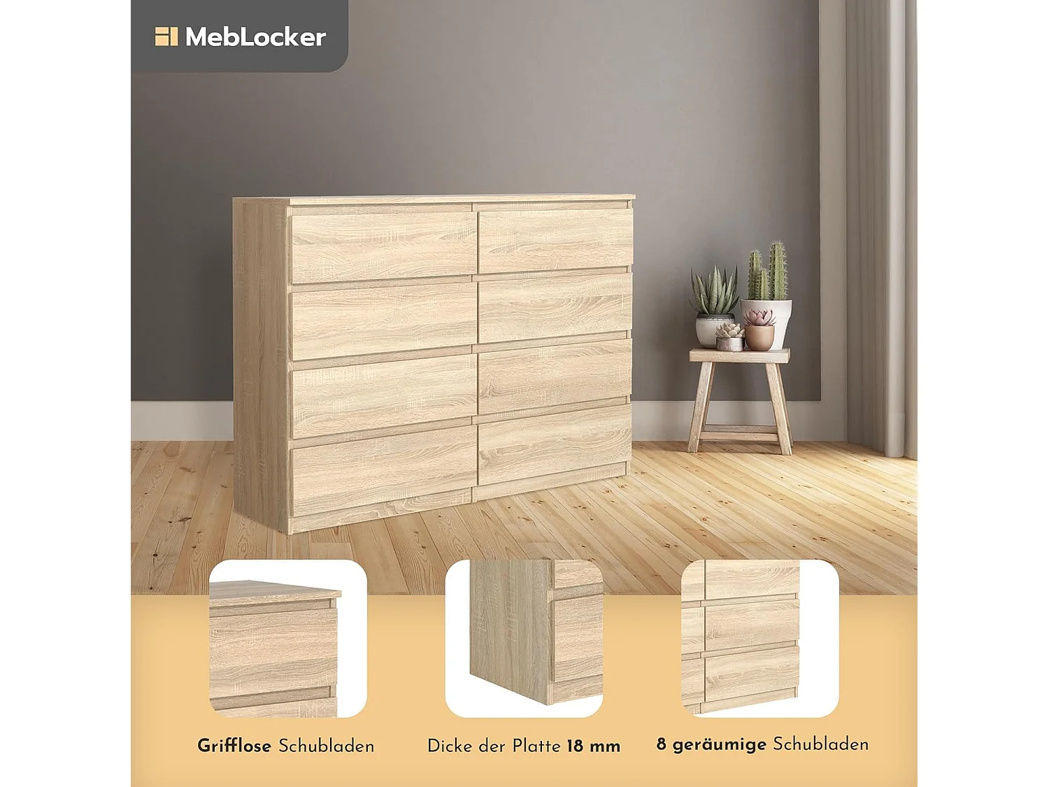 MebLocker 8-ladekast Oak & Sonoma 120 cm - Minimalistisch ontwerp - 120 x 39 x 78,5 cm - Ruime opbergkast voor slaapkamer, woonkamer of kantoor