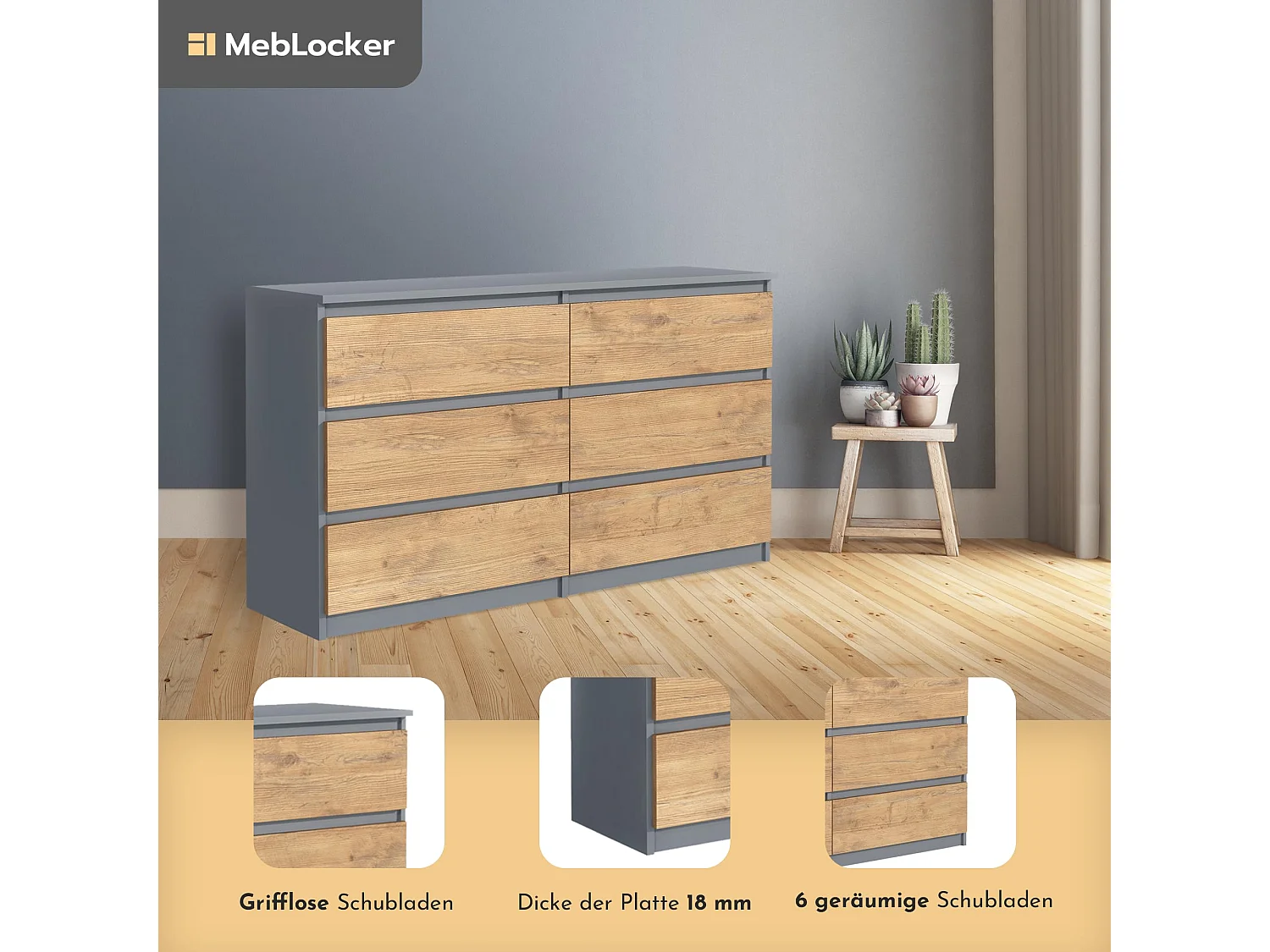 MebLocker Cómoda Lancelot Antracita de 6 cajones 120 cm - Diseño minimalista - 120 x 39 x 78,5 cm - Espacioso armario de almacenamiento