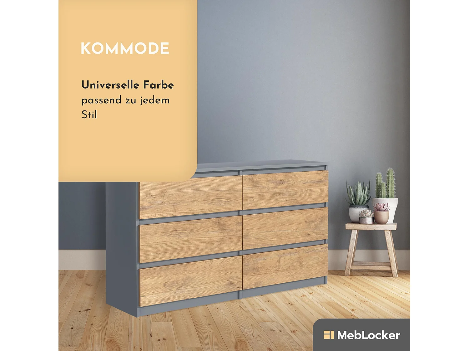 MebLocker Cómoda Lancelot Antracita de 6 cajones 120 cm - Diseño minimalista - 120 x 39 x 78,5 cm - Espacioso armario de almacenamiento