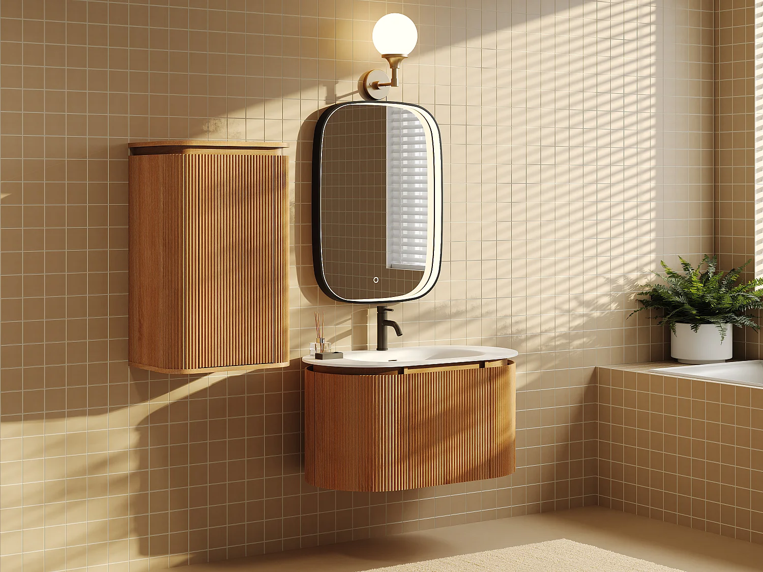 Meuble de salle de bain suspendu strié en bois de frêne avec vasque à encastrer et colonne – Naturel clair - 90 cm - LILIKO