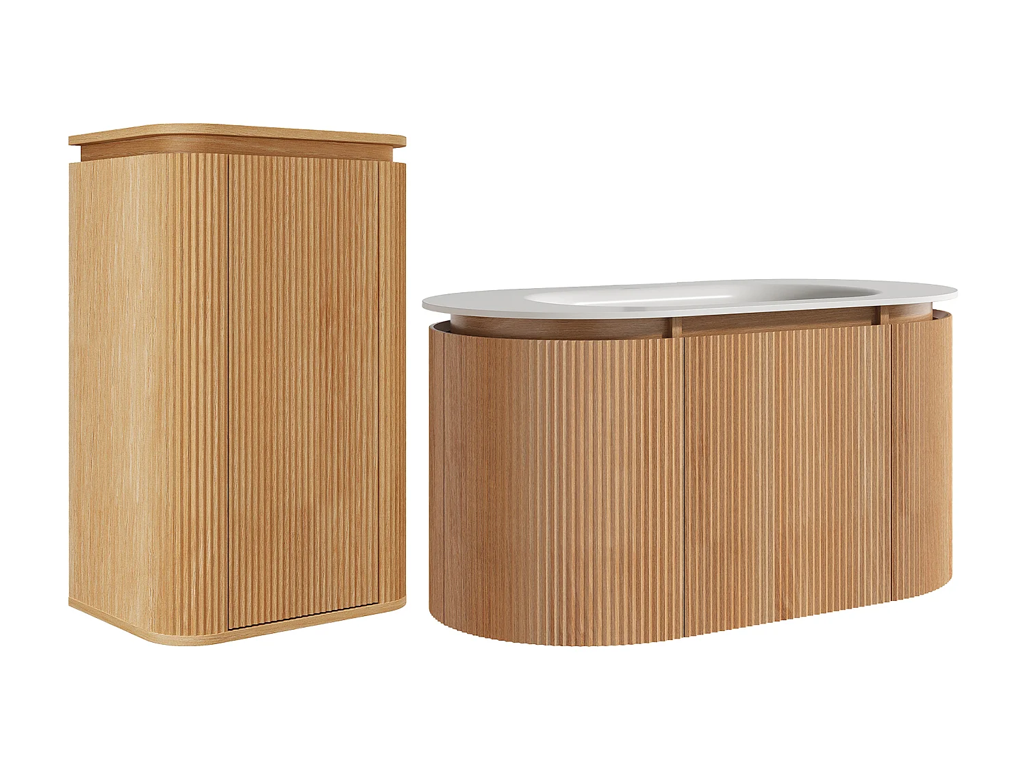 Meuble de salle de bain suspendu strié en bois de frêne avec vasque à encastrer et colonne – Naturel clair - 90 cm - LILIKO