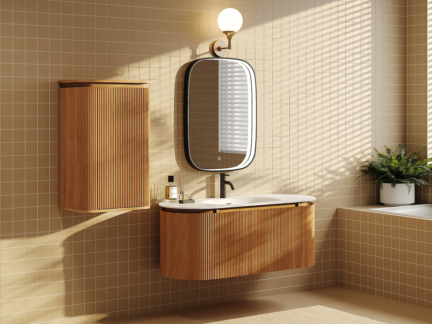 Meuble de salle de bain suspendu strié en bois de frêne avec vasque à encastrer et colonne – Naturel clair - 120 cm - LILIKO