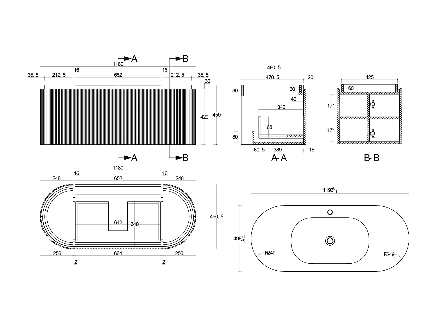 Meuble de salle de bain suspendu strié en bois de frêne avec vasque à encastrer et colonne – Naturel clair - 120 cm - LILIKO