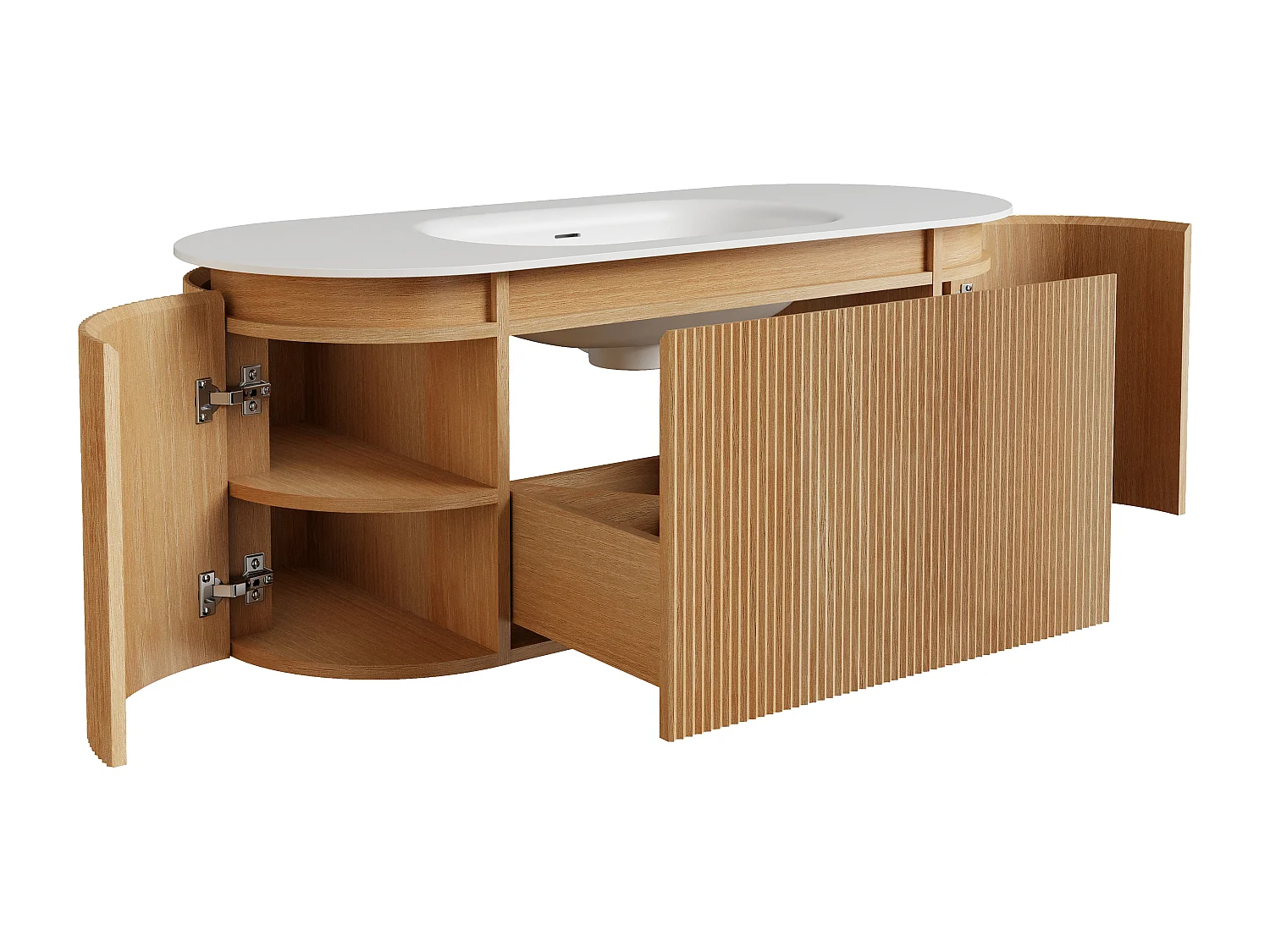 Meuble de salle de bain suspendu strié en bois de frêne avec vasque à encastrer et colonne – Naturel clair - 120 cm - LILIKO