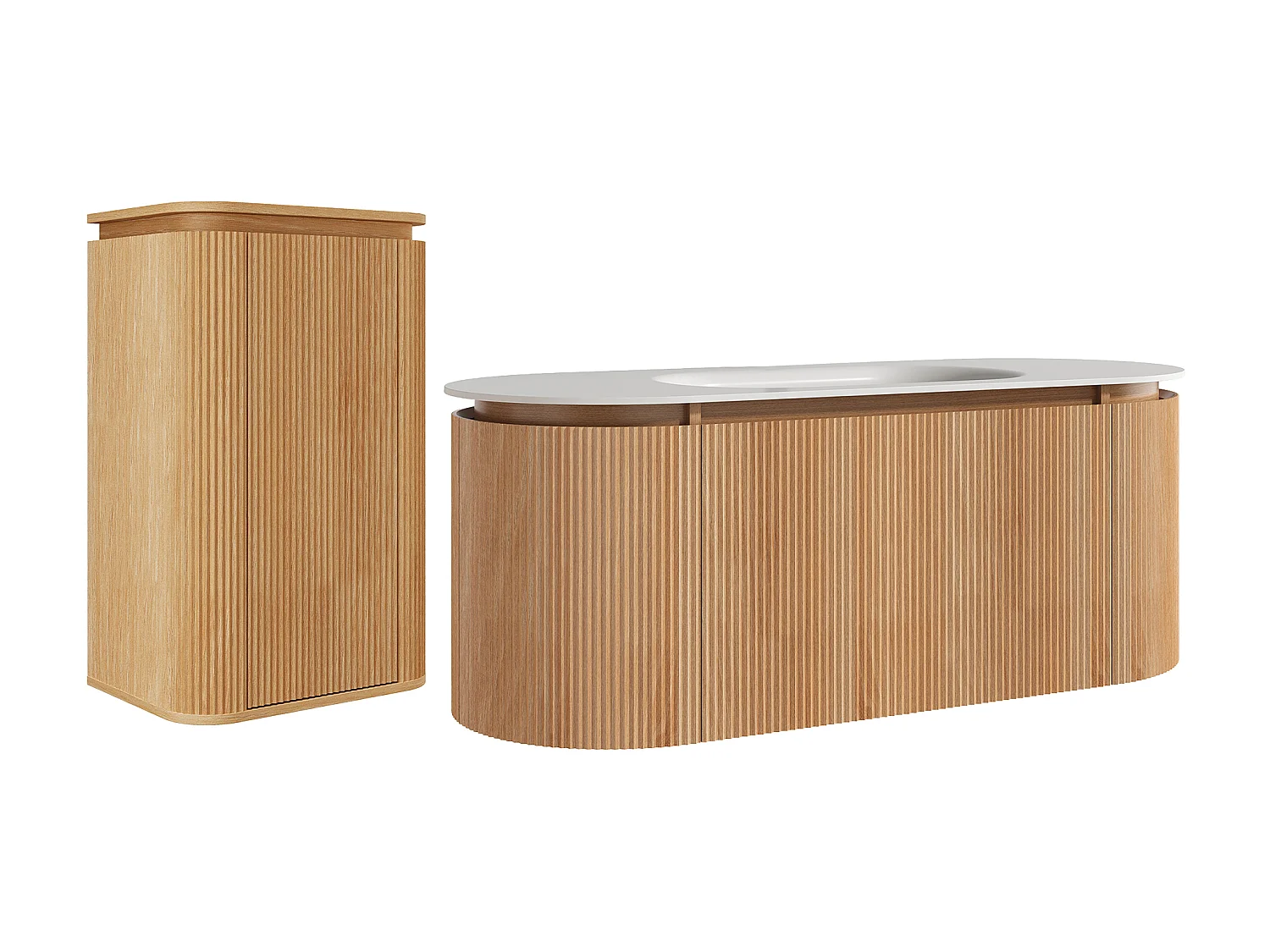 Meuble de salle de bain suspendu strié en bois de frêne avec vasque à encastrer et colonne – Naturel clair - 120 cm - LILIKO