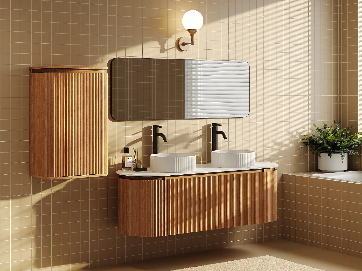 Meuble de salle de bain suspendu strié en bois de frêne avec vasque à poser ronde striée et colonne – Naturel clair - 150 cm - LILIKO