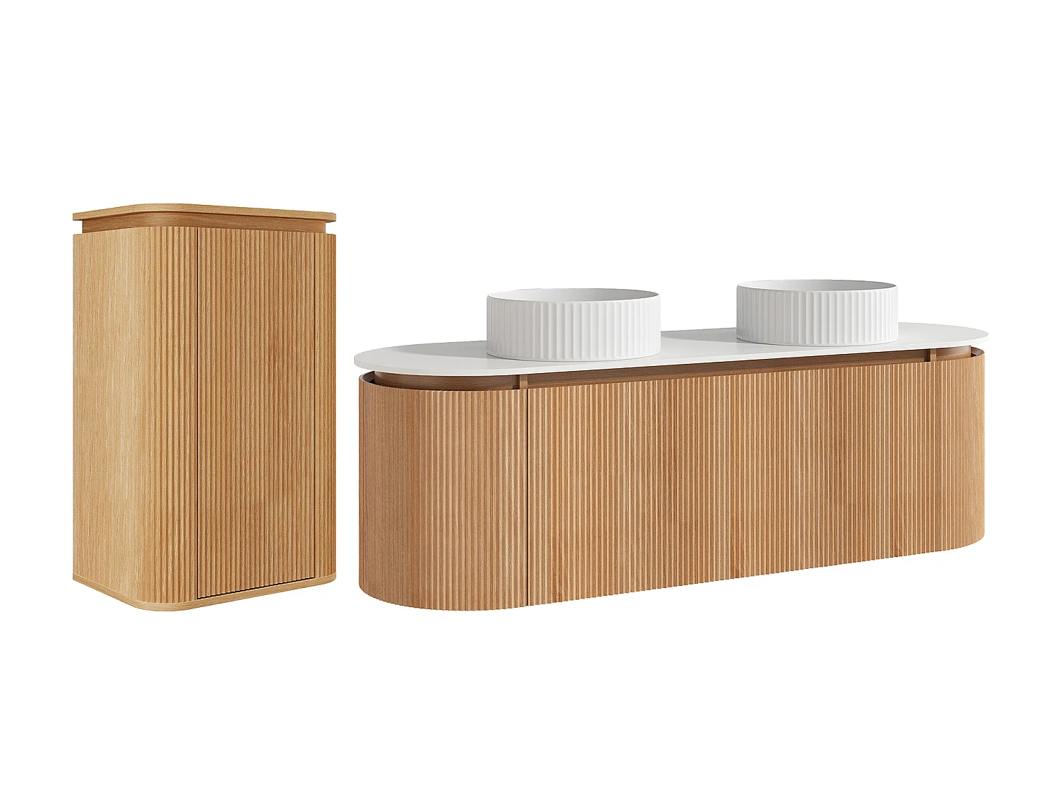 Meuble de salle de bain suspendu strié en bois de frêne avec vasque à poser ronde striée et colonne – Naturel clair - 150 cm - LILIKO