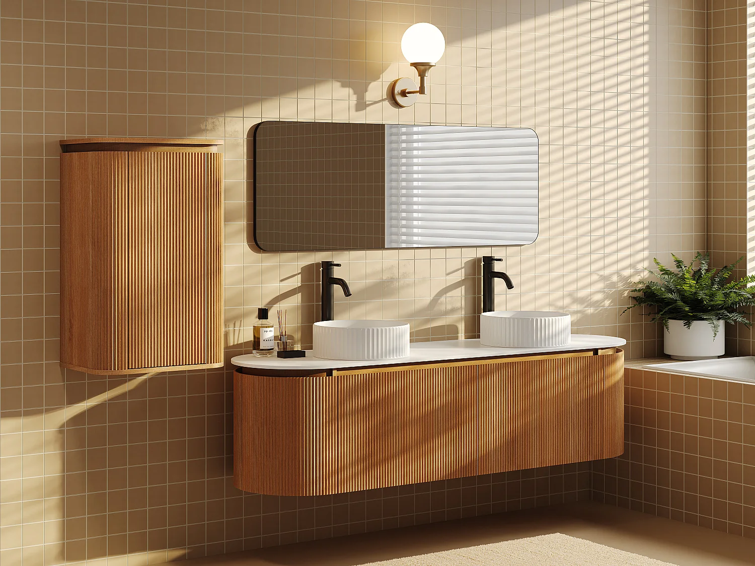 Meuble de salle de bain suspendu strié en bois de frêne avec double vasque à poser ronde striée et colonne – Naturel clair - 180 cm - LILIKO