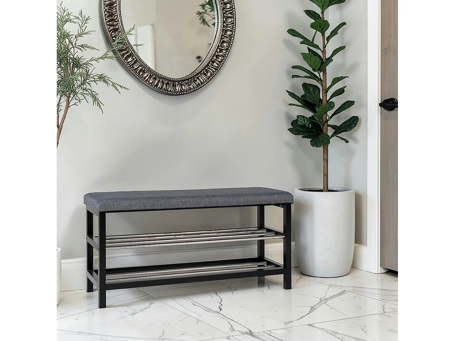 Banc d'entrée tissu gris avec rangement chaussures SAVONE