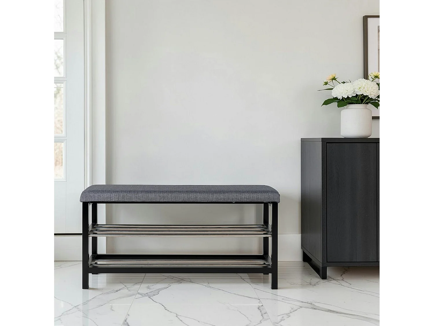 Banc d'entrée tissu gris avec rangement chaussures SAVONE