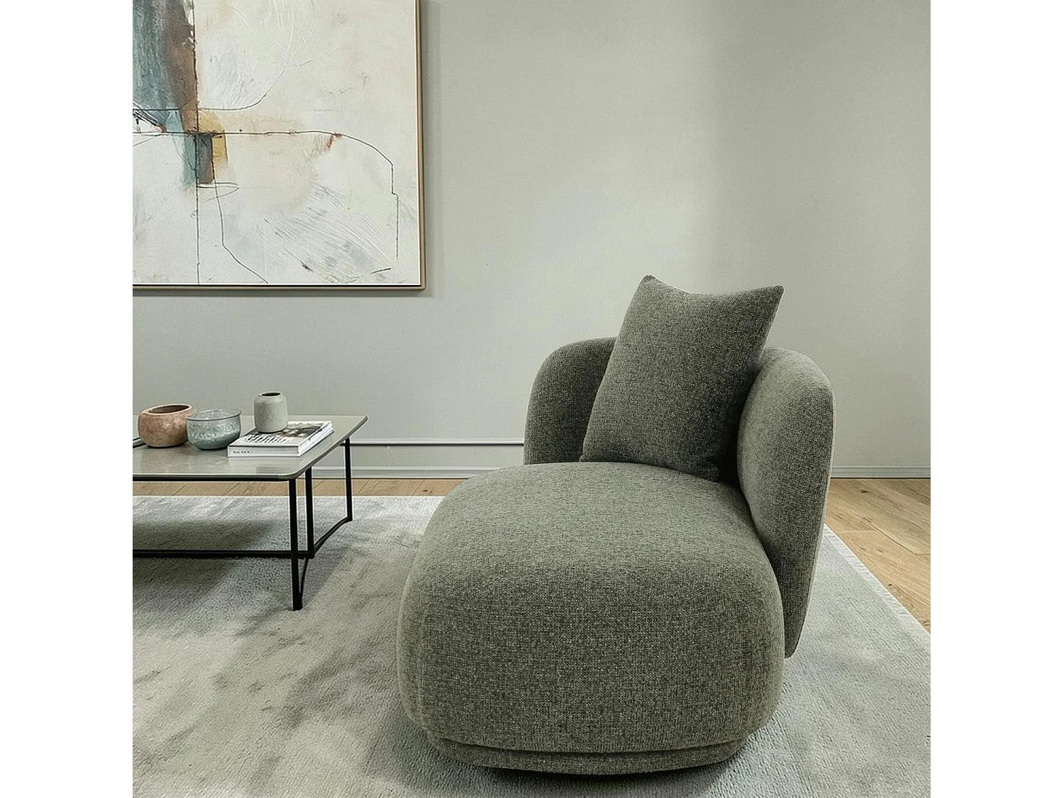 Méridienne verte design organique et coussin assorti NAMSOS