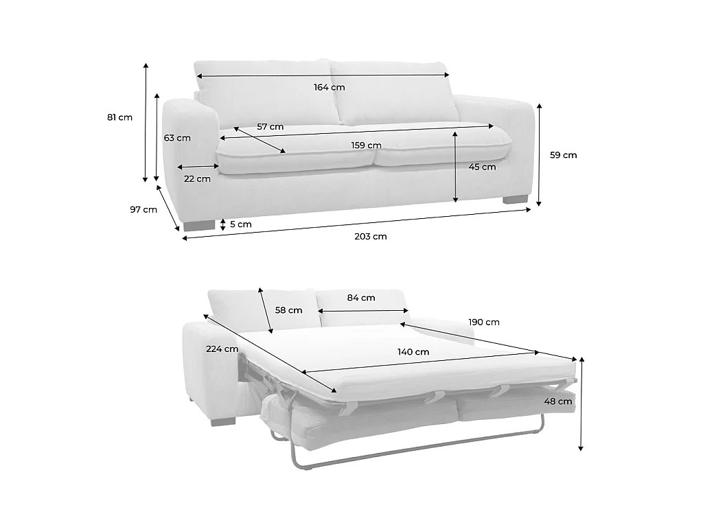Canapé lit convertible 3 places tissu chenille beige avec matelas 10cm - Fabriqué en France - Nido