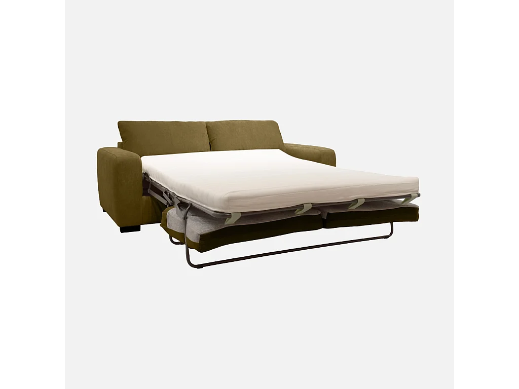 Canapé lit convertible 3 places tissu chenille vert bronze avec matelas 10cm - Fabriqué en France - Nido